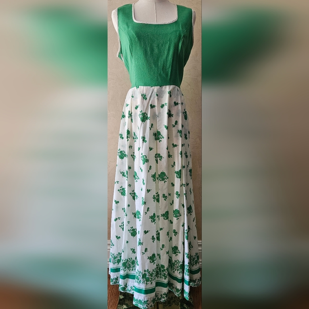 Vintage Leslie Faye Bohemian Twill Greem Bodice Floral Maxi Dress Tie Back - Picture 2 of 6